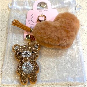 NWT Brown Rhinestone Teddy Bear & Fuzzy Heart Bag Charm with Keychain